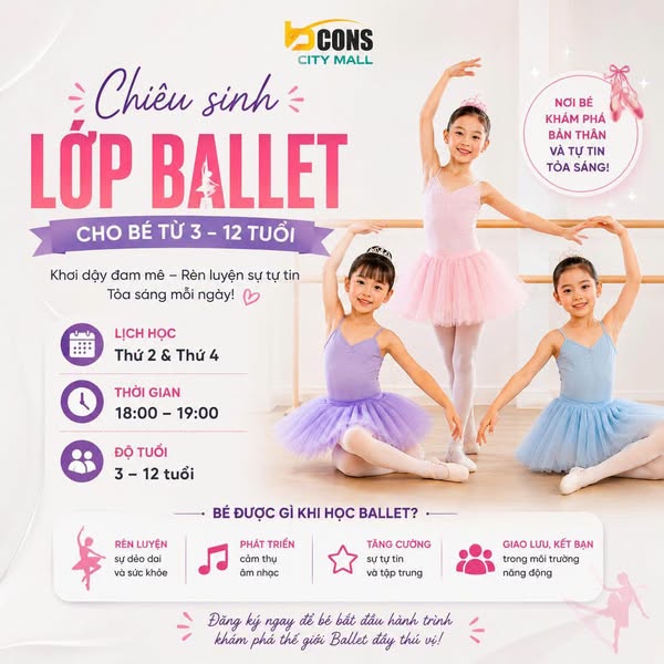 Poster lớp Ballet Bcons City Mall cho bé 3–12 tuổi