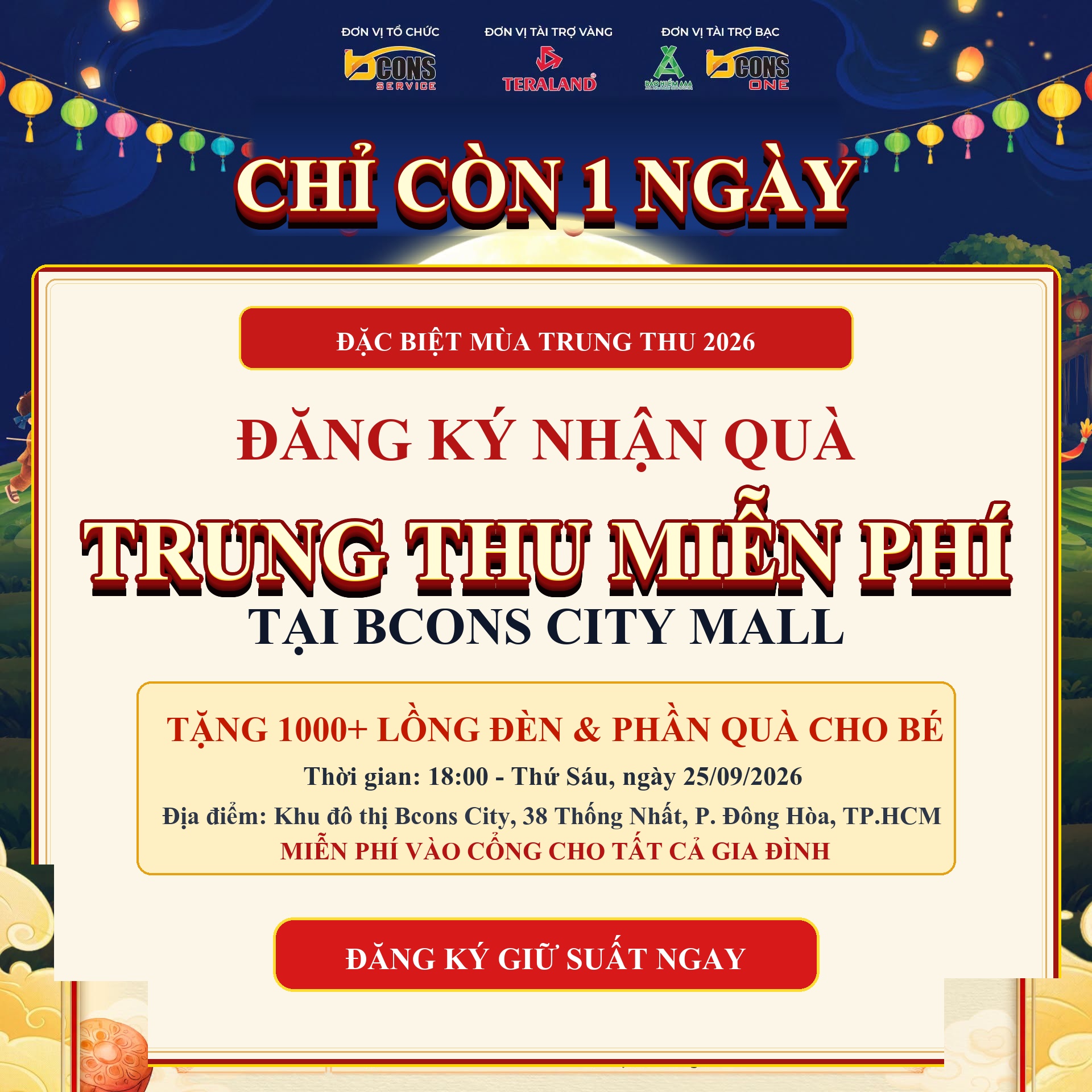Chỉ còn 1 ngày - Đăng ký nhận quà Trung Thu miễn phí tại Bcons City Mall - Chạm Trăng 2026