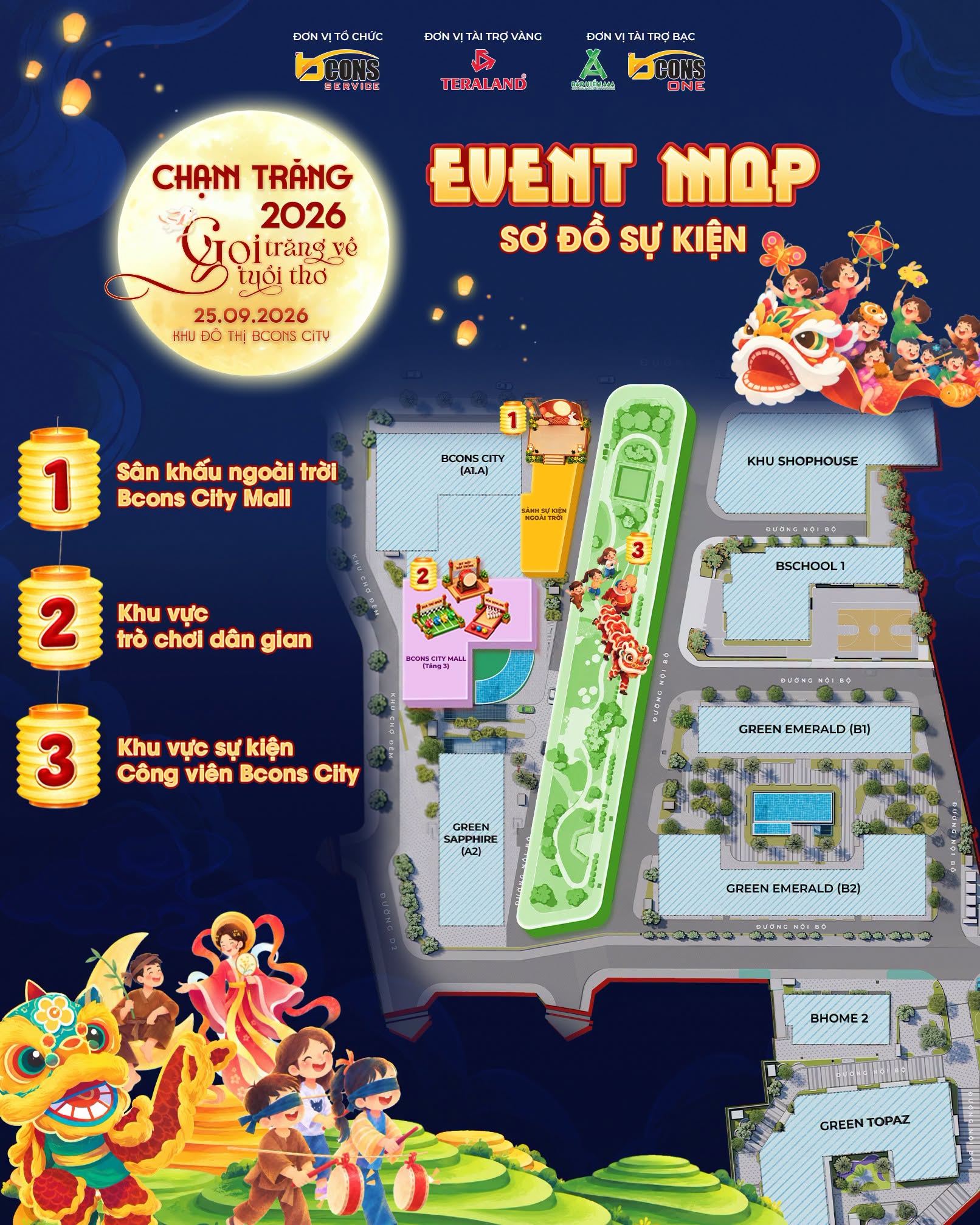 Đêm hội Chạm Trăng Bcons City Mall - Sơ đồ sự kiện chi tiết các khu vực vui chơi