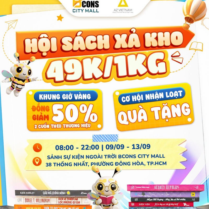 Hội sách Bcons City Mall xả kho bán theo cân 49k/kg