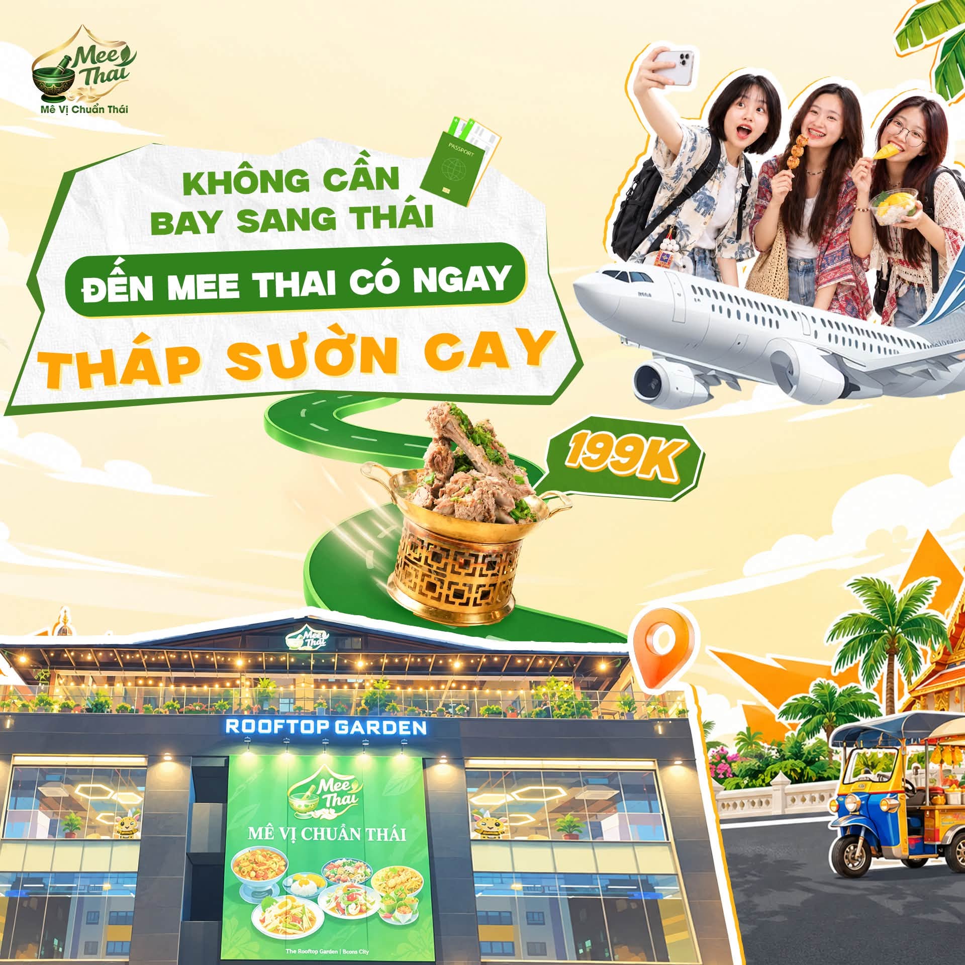 Nhóm bạn trẻ vui vẻ thưởng thức tháp sườn cay khổng lồ tại Mee Thai